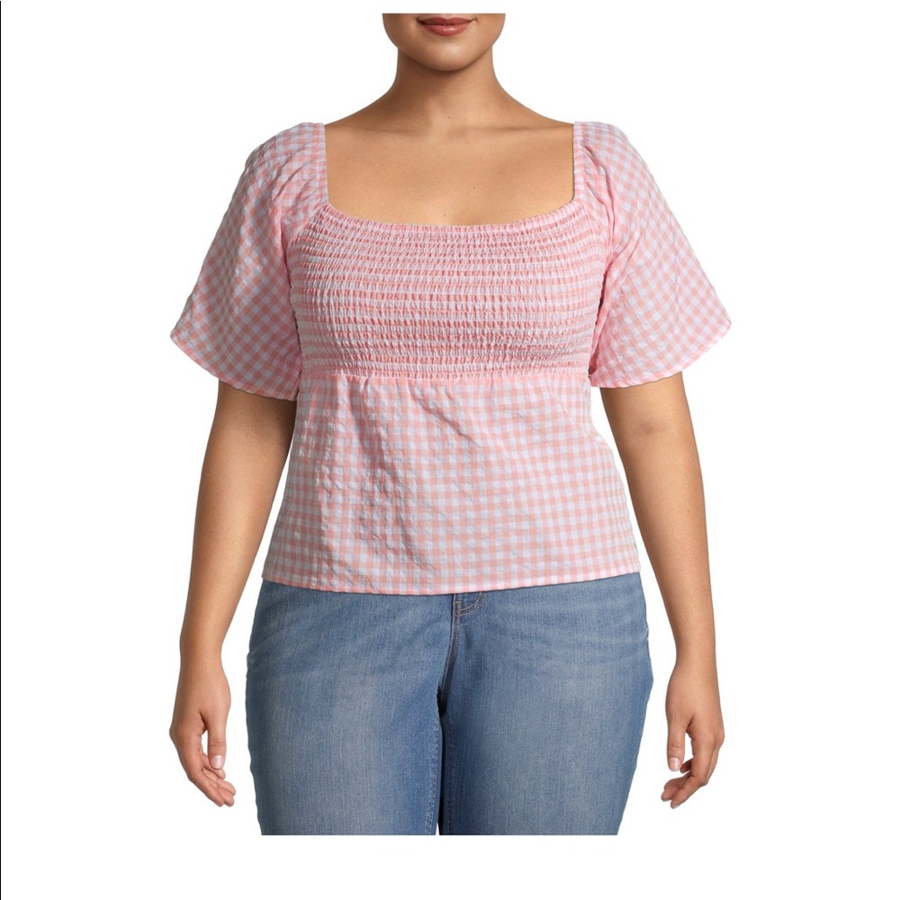 Smocked Gingham Peplum Square Neck Top, 3X - NWT